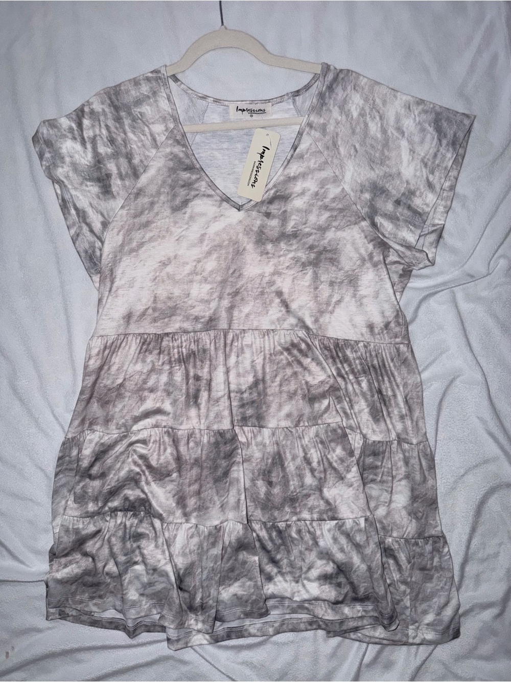 Impressions Grey Tie-Dye V-Neck Tiered Tunic Dress